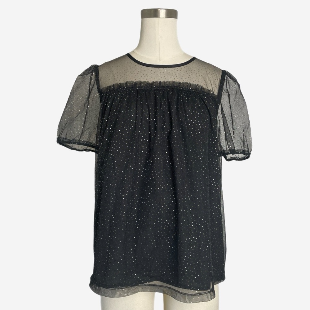 Jcrew Factory NWT black glitter puff sleeve mesh ruffle blouse preppy holiday S